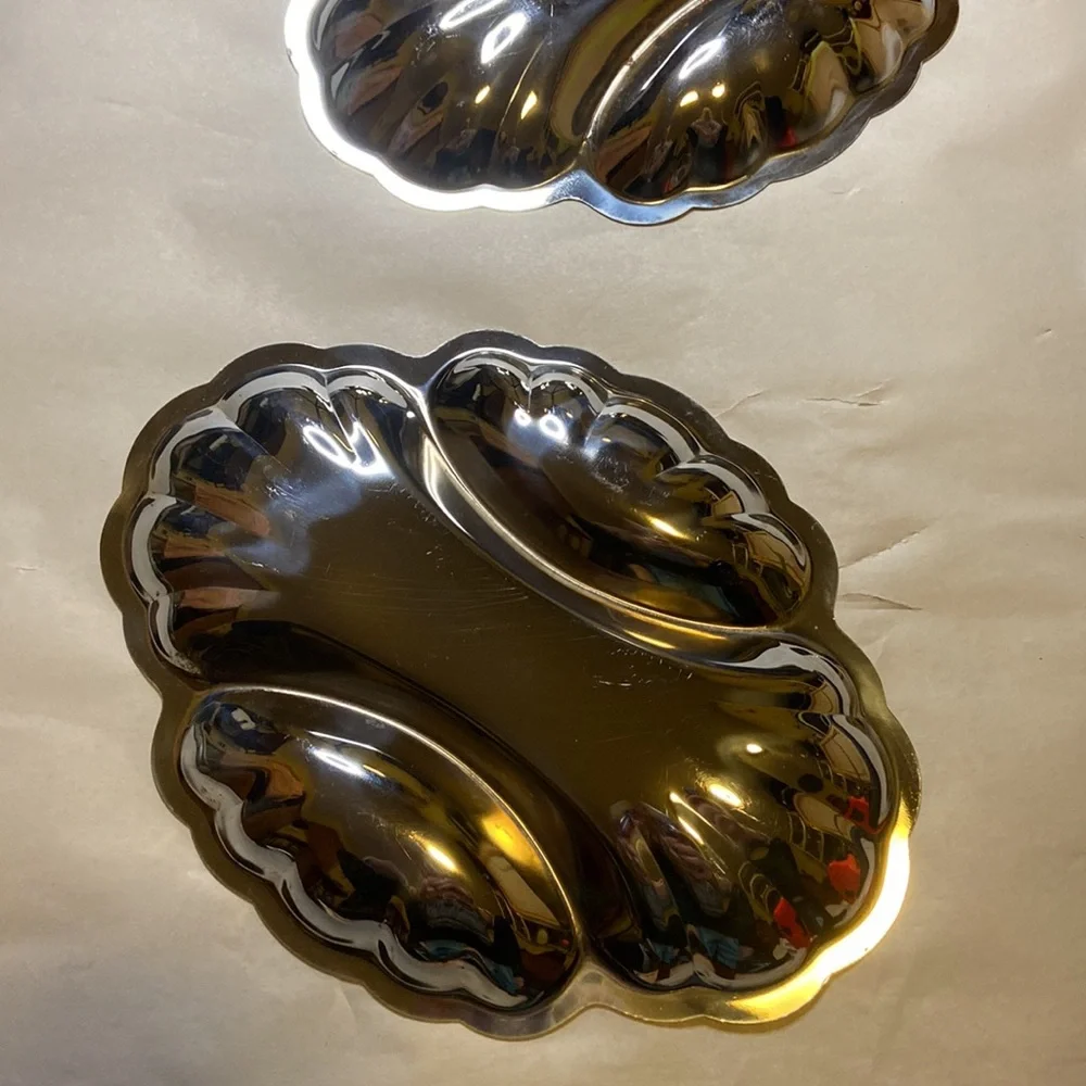 Pair of vintage shell metal platters 3 sections